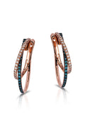 Bella Bleu 14K Rose Gold Blue and White Diamond Earrings, 0.58 TCW, showcase overlapping rows of clear and teal stones for a striking look against a white background.