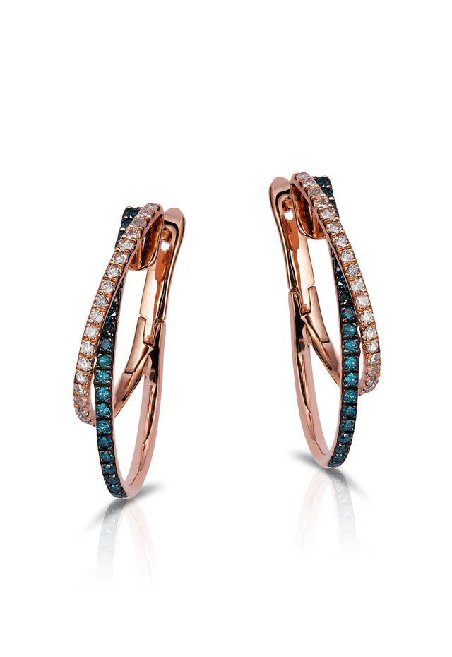 Bella Bleu 14K Rose Gold Blue and White Diamond Earrings, 0.58 TCW, showcase overlapping rows of clear and teal stones for a striking look against a white background.
