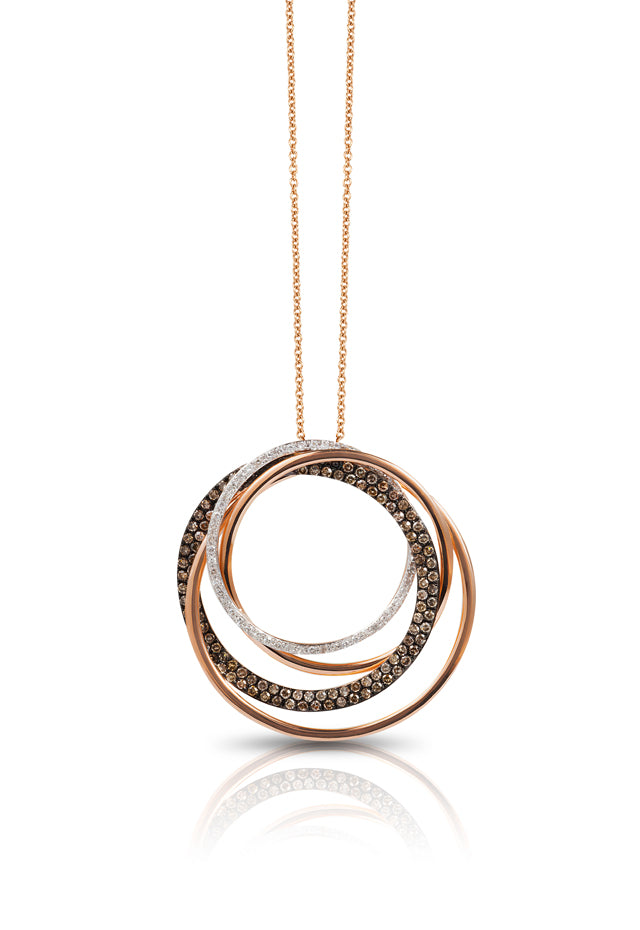 A 14K Rose Gold Espresso and White Diamond Pendant (1.06 TCW) with three intertwined circles—rose gold, espresso-toned gemstones, and white diamonds—displayed on a white background with a subtle reflection underneath.