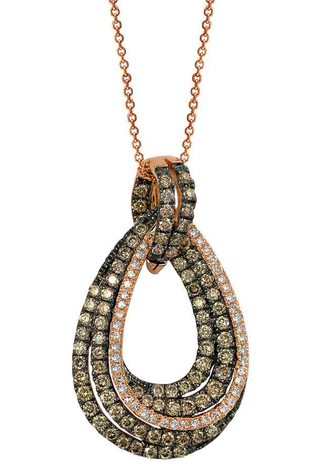 The 14K Rose Gold Espresso & White Diamond Pendant (1.27 TCW) features an intricate teardrop design with overlapping loops adorned with dazzling espresso and white diamonds.