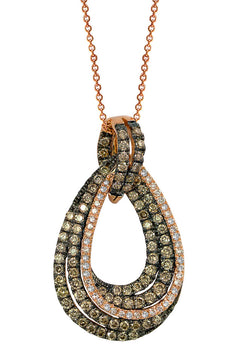 The 14K Rose Gold Espresso & White Diamond Pendant (1.27 TCW) features an intricate teardrop design with overlapping loops adorned with dazzling espresso and white diamonds.