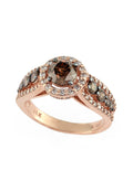 The 14K Rose Gold Espresso and White Diamond Ring features a large round brown gemstone center, small clear stones, and brown and white diamond accents along the band; total carat weight is 1.64 TCW.
