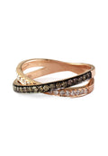 A 14K Rose Gold Espresso and White Diamond Ring (.57 TCW) with two interwoven bands, one adorned with white diamonds and the other with dark stones, displayed on a white background.