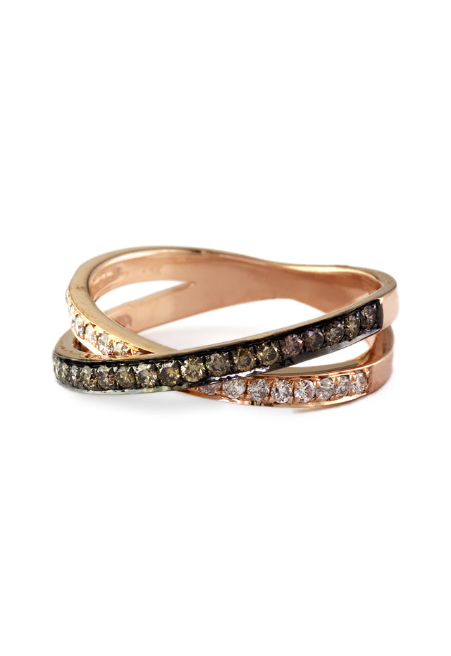 A 14K Rose Gold Espresso and White Diamond Ring (.57 TCW) with two interwoven bands, one adorned with white diamonds and the other with dark stones, displayed on a white background.