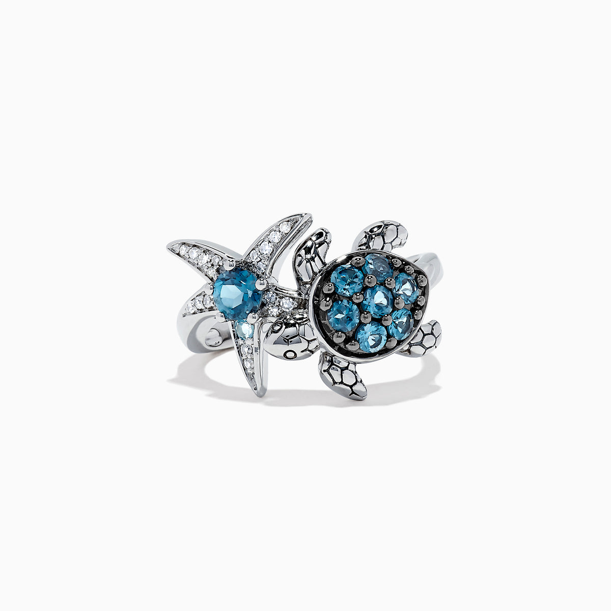 Seaside S. Silver Topaz & Diamond Turtle and Starfish Ring, 1.06 TCW, features blue gemstones and sparkling clear stones on turtle and starfish motifs, shown on a white background.