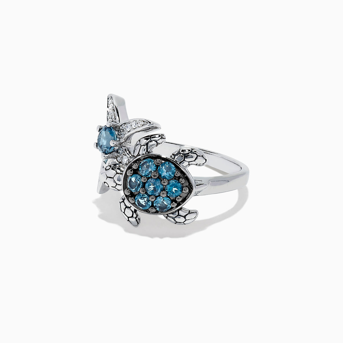 Seaside S. Silver Topaz & Diamond Turtle and Starfish Ring, 1.06 TCW, features blue gemstones and sparkling clear stones on turtle and starfish motifs, shown on a white background.