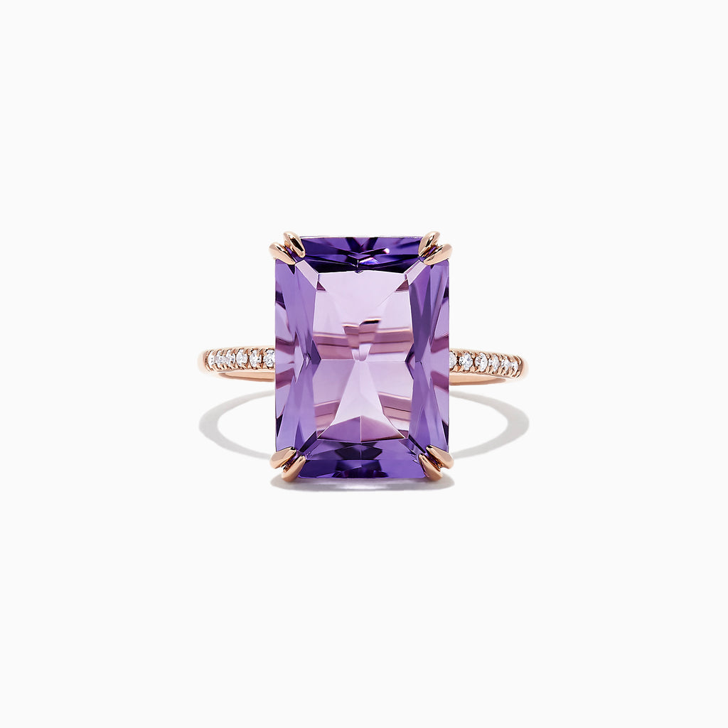 A 14K rose gold amethyst and diamond ring, 7.26 TCW, featuring a large rectangular-cut amethyst with diamond accents on the band, displayed on a white background.
