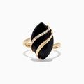 The Eclipse 14K Yellow Gold Onyx and Diamond Ring, 1.79 TCW, features a striking marquise onyx accented by a curved row of sparkling diamonds and a ribbon-like gold band crossing over the stone.
