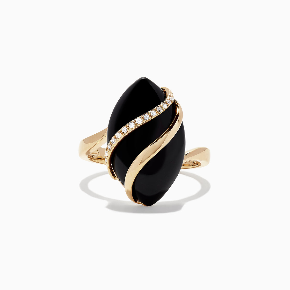 The Eclipse 14K Yellow Gold Onyx and Diamond Ring, 1.79 TCW, features a striking marquise onyx accented by a curved row of sparkling diamonds and a ribbon-like gold band crossing over the stone.