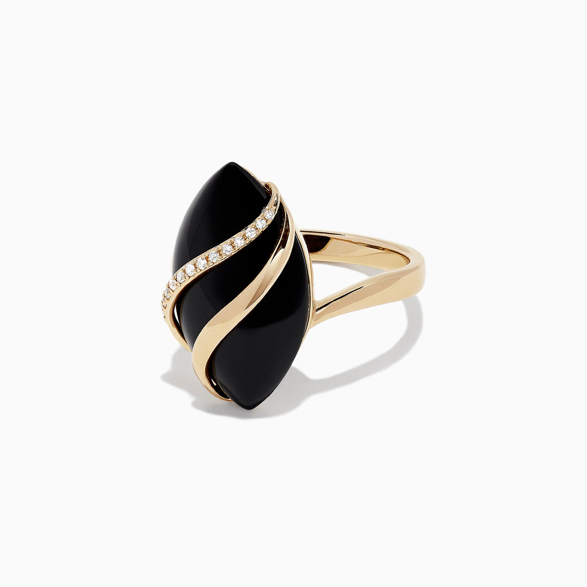 The Eclipse 14K Yellow Gold Onyx and Diamond Ring, 1.79 TCW, features a striking marquise onyx accented by a curved row of sparkling diamonds and a ribbon-like gold band crossing over the stone.