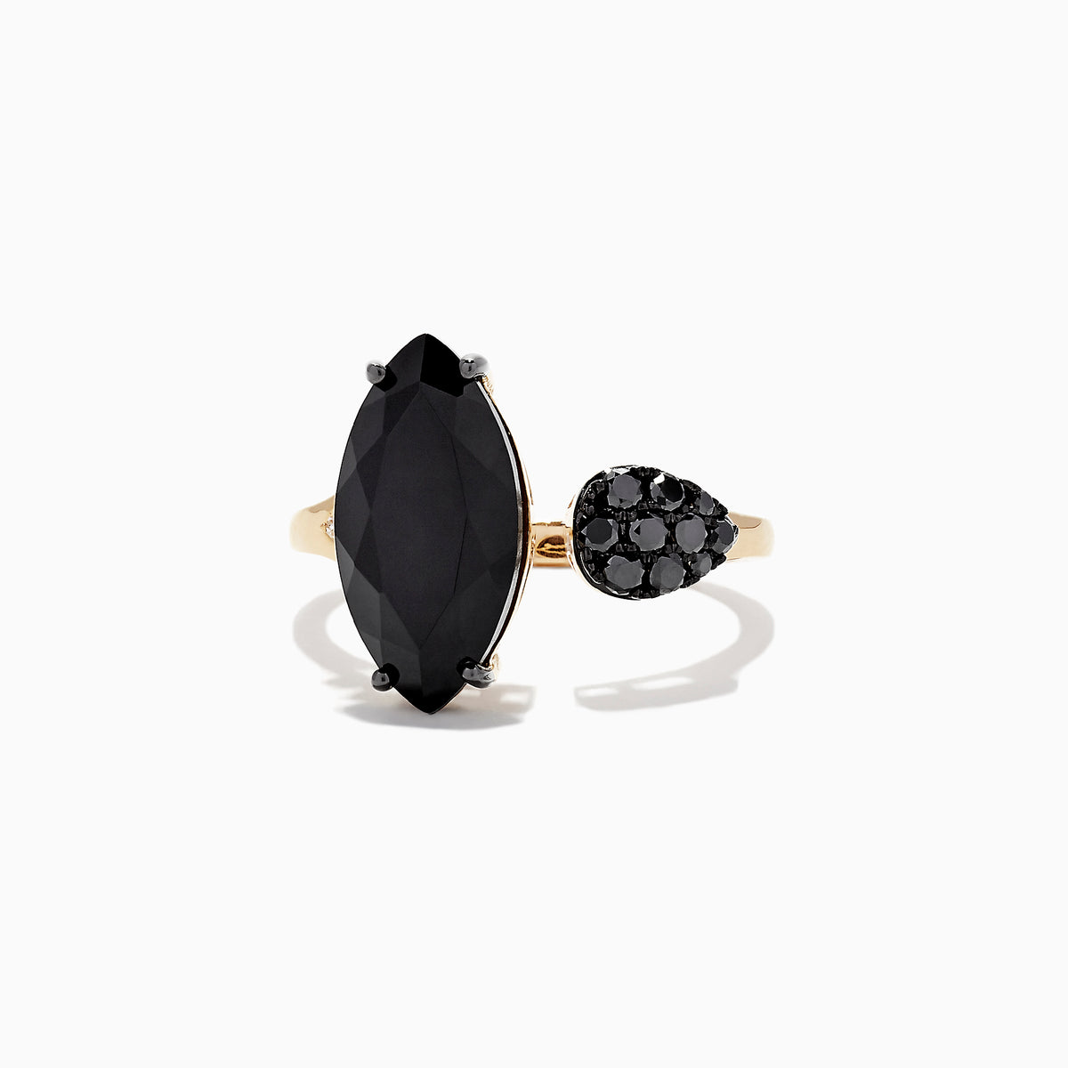The Eclipse 14K Yellow Gold Onyx and Diamond Ring (4.78 TCW) features a large marquise-cut onyx and a small teardrop-shaped diamond cluster on an open band, set against a white background.