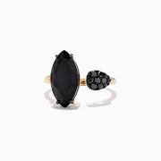 The Eclipse 14K Yellow Gold Onyx and Diamond Ring (4.78 TCW) features a large marquise-cut onyx and a small teardrop-shaped diamond cluster on an open band, set against a white background.