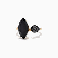 The Eclipse 14K Yellow Gold Onyx and Diamond Ring (4.78 TCW) features a large marquise-cut onyx and a small teardrop-shaped diamond cluster on an open band, set against a white background.