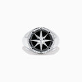 The Mens Sterling Silver Onyx Compass Ring, 2.61 TCW, features a raised compass rose with black enamel and engraved cardinal directions on a plain white background, creating a bold statement piece.