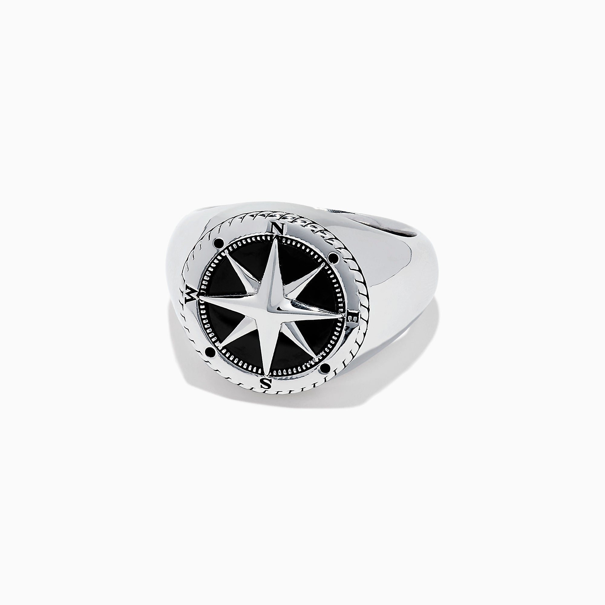 The Mens Sterling Silver Onyx Compass Ring, 2.61 TCW, features a raised compass rose with black enamel and engraved cardinal directions on a plain white background, creating a bold statement piece.