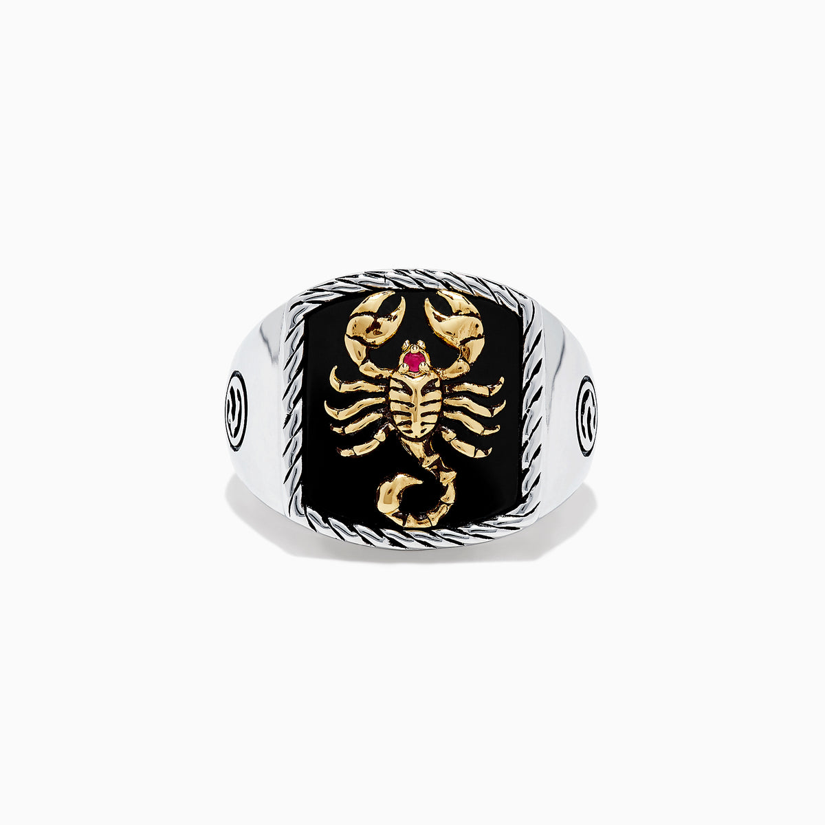 The Mens Silver & 14K Gold Plating Onyx and Ruby Scorpion Ring, 5.00 TCW, features a rectangular black onyx face with a gold scorpion, a small ruby accent, and twisted rope detailing for an eye-catching look.