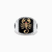 The Mens Silver & 14K Gold Plating Onyx and Ruby Scorpion Ring, 5.00 TCW, features a rectangular black onyx face with a gold scorpion, a small ruby accent, and twisted rope detailing for an eye-catching look.