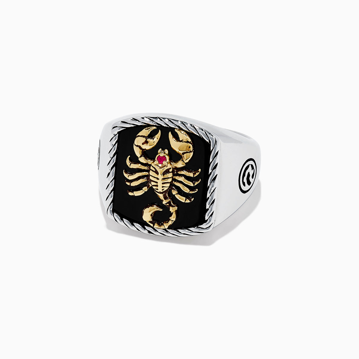 The Mens Silver & 14K Gold Plating Onyx and Ruby Scorpion Ring, 5.00 TCW, features a rectangular black onyx face with a gold scorpion, a small ruby accent, and twisted rope detailing for an eye-catching look.