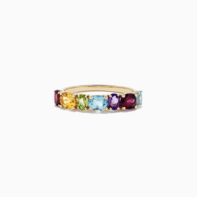 The Mosaic 14K Yellow Gold Multi Gemstone Ring, 1.90 TCW, showcases vibrant oval-cut gemstones in a stunning rainbow gradient across the band.