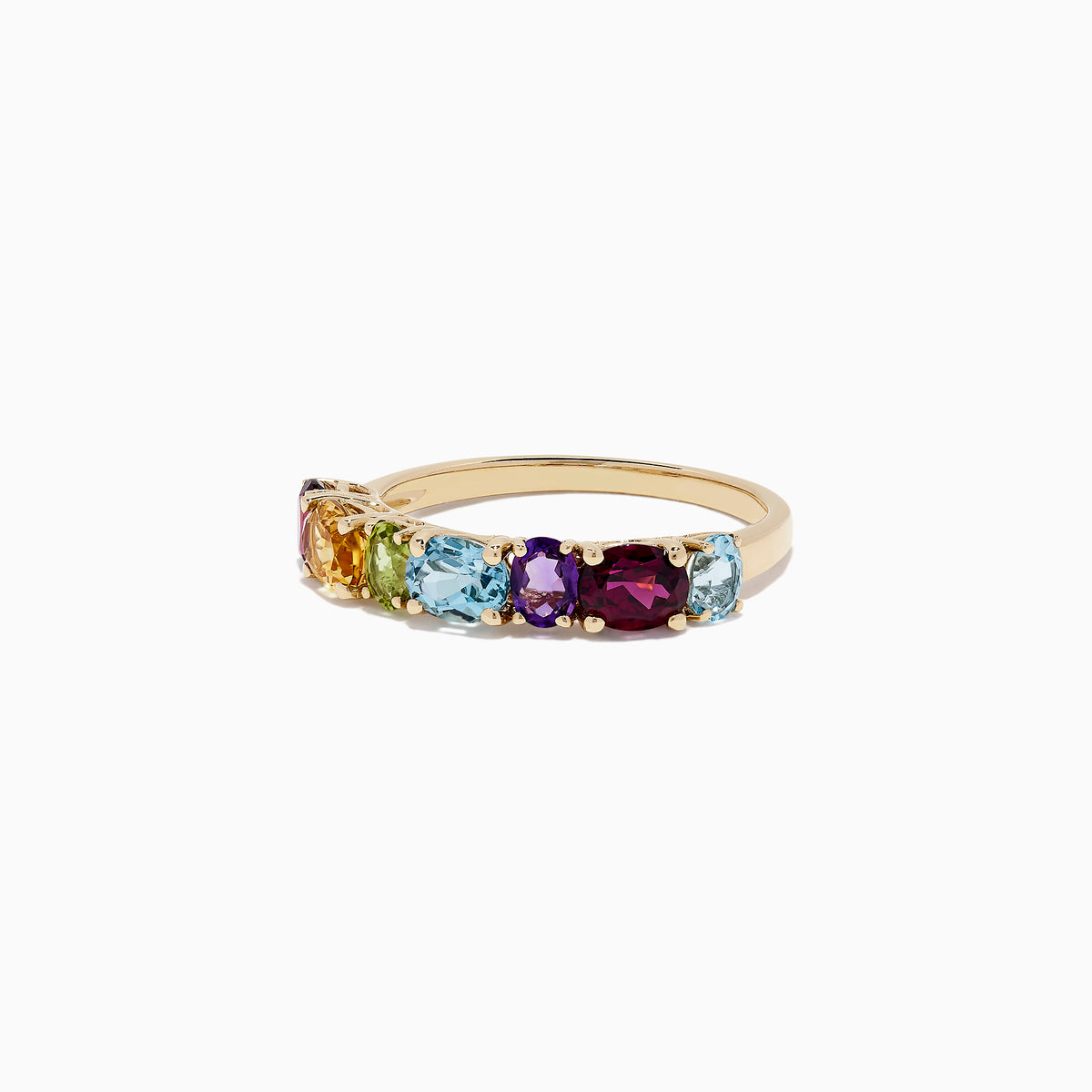 The Mosaic 14K Yellow Gold Multi Gemstone Ring, 1.90 TCW, showcases vibrant oval-cut gemstones in a stunning rainbow gradient across the band.
