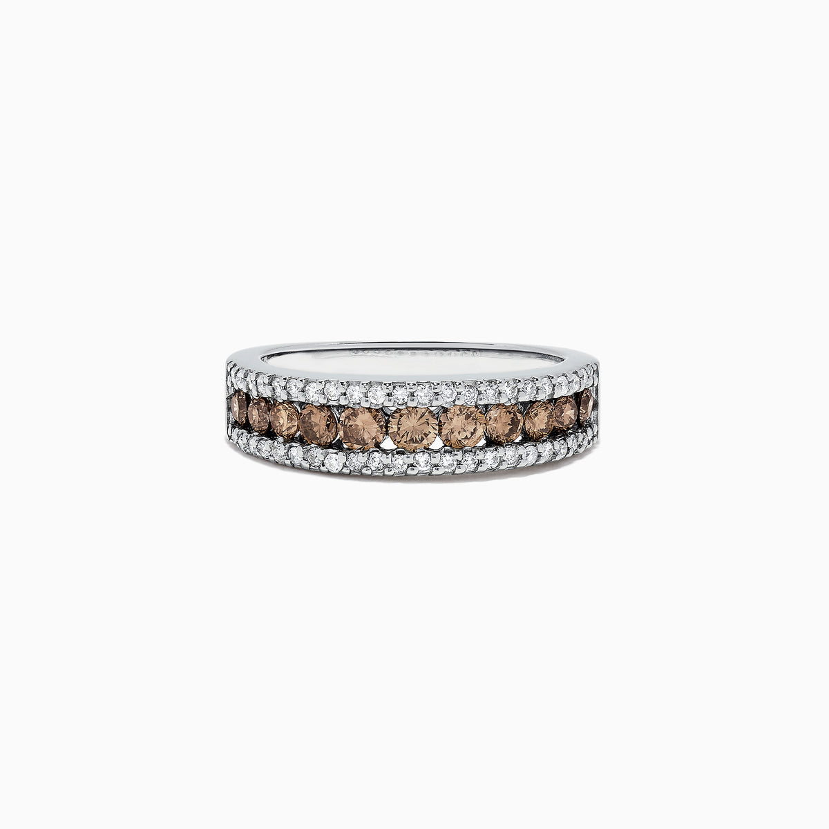 The 14K White Gold Espresso and White Diamond Ring, 0.89 TCW, showcases a center row of round espresso diamonds bordered by two rows of sparkling white diamonds along the edges.