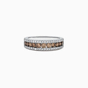 The 14K White Gold Espresso and White Diamond Ring, 0.89 TCW, showcases a center row of round espresso diamonds bordered by two rows of sparkling white diamonds along the edges.
