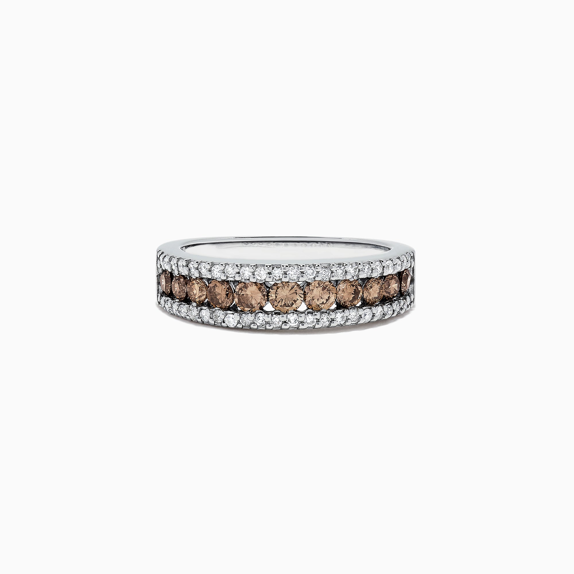 The 14K White Gold Espresso and White Diamond Ring, 0.89 TCW, showcases a center row of round espresso diamonds bordered by two rows of sparkling white diamonds along the edges.