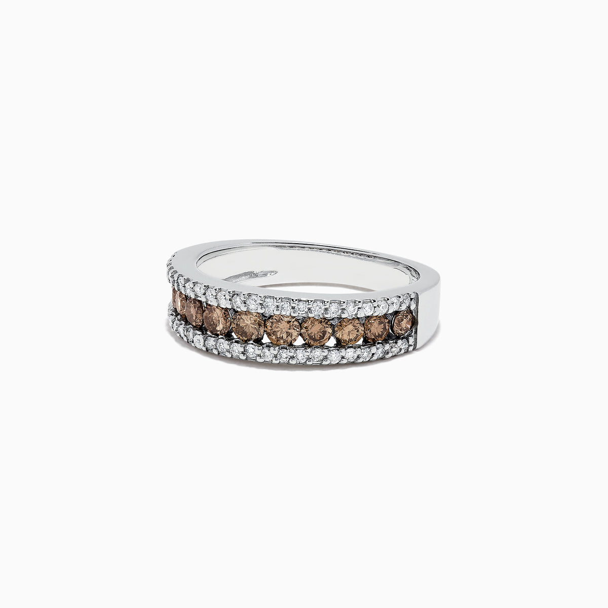 The 14K White Gold Espresso and White Diamond Ring, 0.89 TCW, showcases a center row of round espresso diamonds bordered by two rows of sparkling white diamonds along the edges.