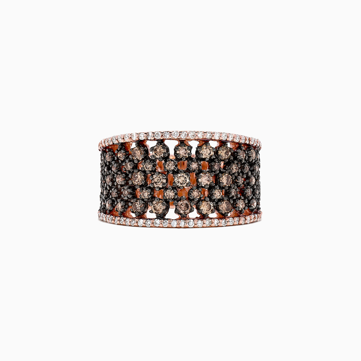 The 14K Rose Gold Espresso and White Diamond Ring features rows of small black (espresso) and orange gemstones in a lattice pattern, bordered by white diamonds, with a total carat weight of 1.25 TCW.