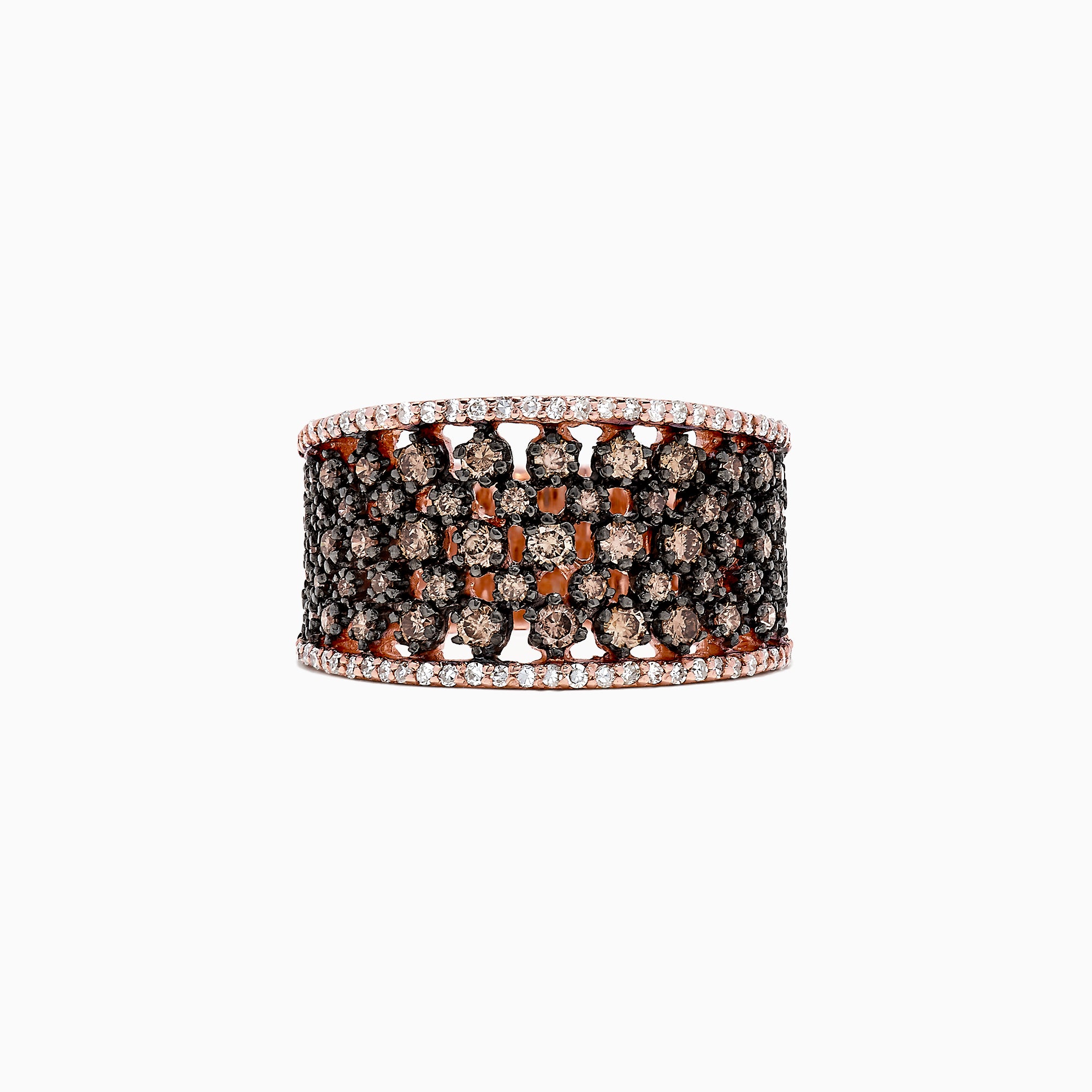 The 14K Rose Gold Espresso and White Diamond Ring features rows of small black (espresso) and orange gemstones in a lattice pattern, bordered by white diamonds, with a total carat weight of 1.25 TCW.