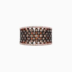 The 14K Rose Gold Espresso and White Diamond Ring features rows of small black (espresso) and orange gemstones in a lattice pattern, bordered by white diamonds, with a total carat weight of 1.25 TCW.