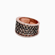 The 14K Rose Gold Espresso and White Diamond Ring features rows of small black (espresso) and orange gemstones in a lattice pattern, bordered by white diamonds, with a total carat weight of 1.25 TCW.
