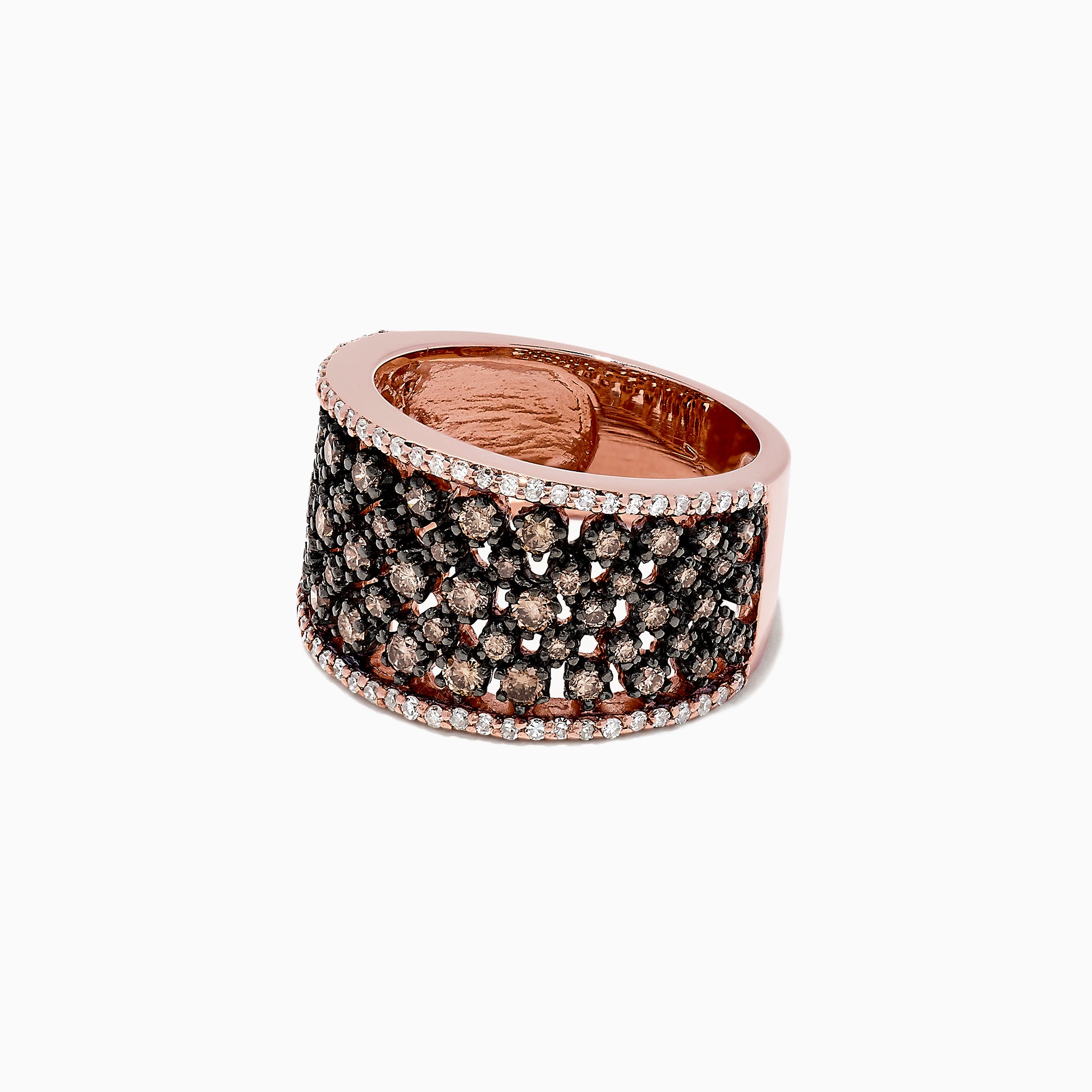 The 14K Rose Gold Espresso and White Diamond Ring features rows of small black (espresso) and orange gemstones in a lattice pattern, bordered by white diamonds, with a total carat weight of 1.25 TCW.
