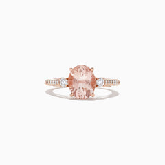 The Blush 14K Rose Gold Morganite and Diamond Ring, 2.64 TCW, features an oval morganite center with two white diamonds on a detailed band, shown on a white background.