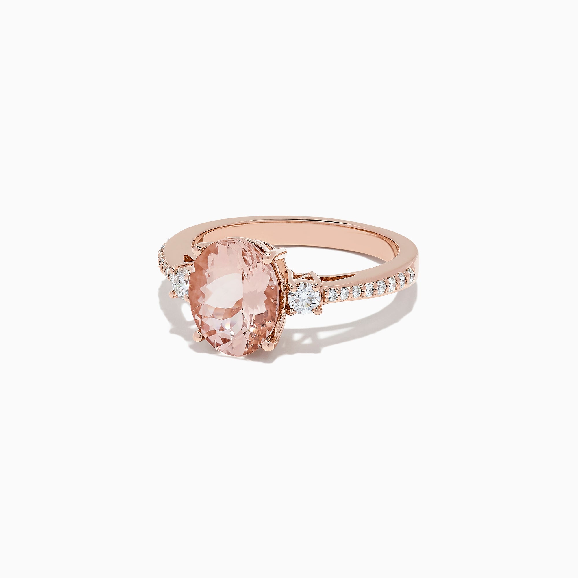 The Blush 14K Rose Gold Morganite and Diamond Ring, 2.64 TCW, features an oval morganite center with two white diamonds on a detailed band, shown on a white background.