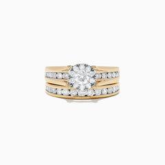 The Bouquet 14K Yellow Gold Channel Set Diamond Engagement & Wedding Ring Set, 1.48 TCW, features a brilliant diamond center and two matching diamond bands—an elegant choice for your special day.