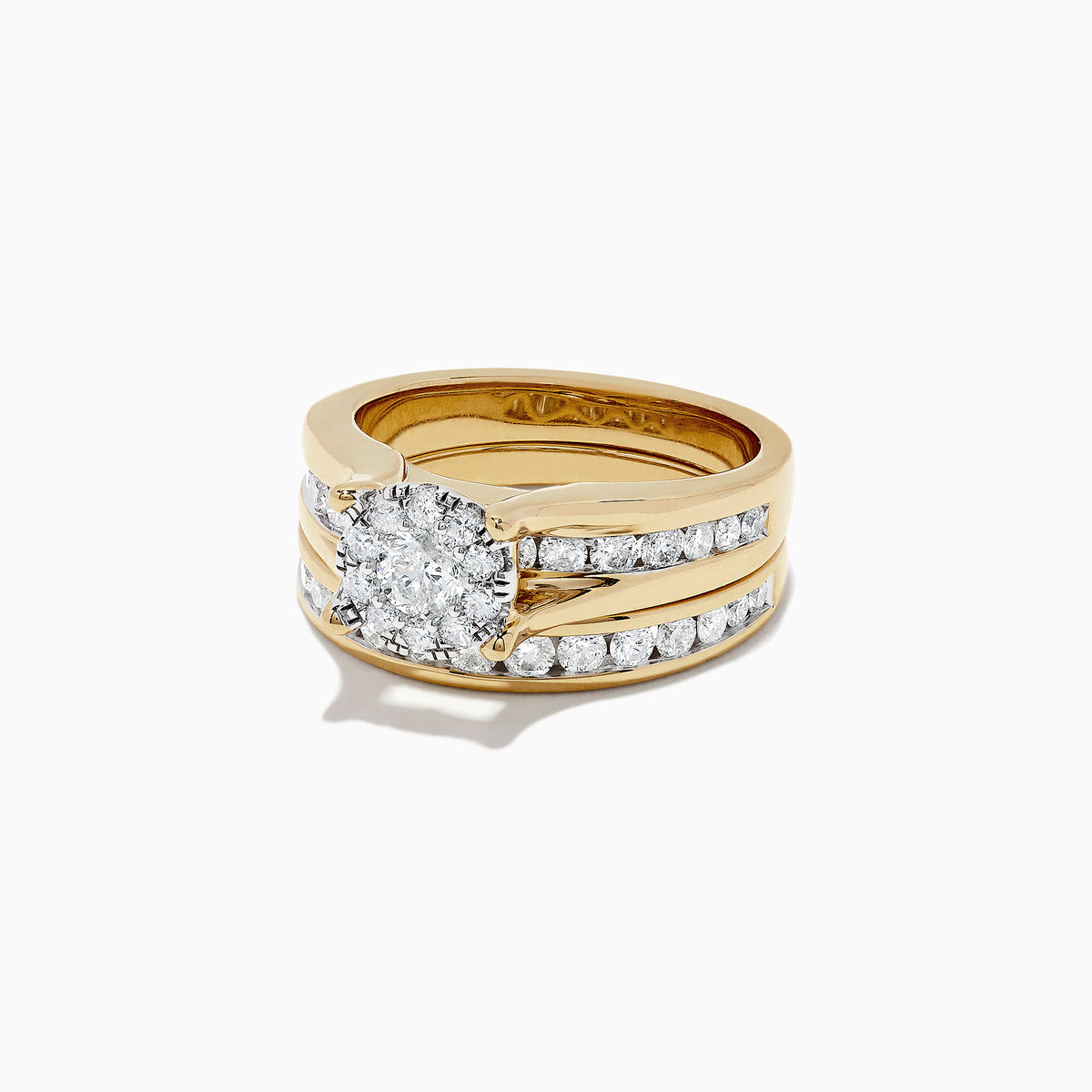 The Bouquet 14K Yellow Gold Channel Set Diamond Engagement & Wedding Ring Set, 1.48 TCW, features a brilliant diamond center and two matching diamond bands—an elegant choice for your special day.