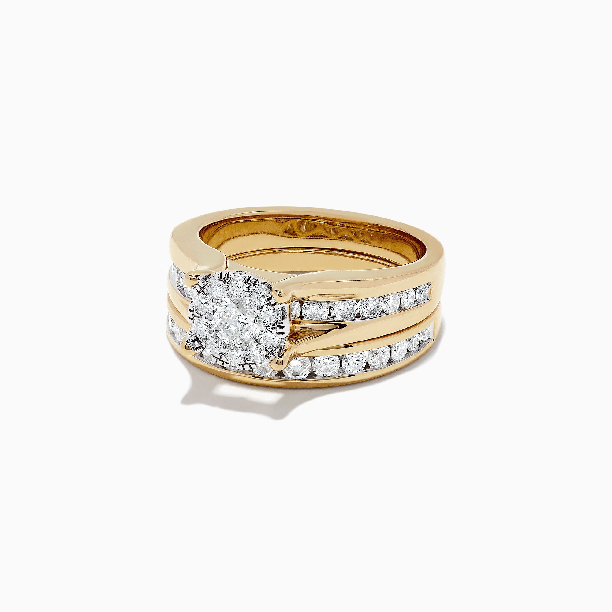 The Bouquet 14K Yellow Gold Channel Set Diamond Engagement & Wedding Ring Set, 1.48 TCW, features a brilliant diamond center and two matching diamond bands—an elegant choice for your special day.