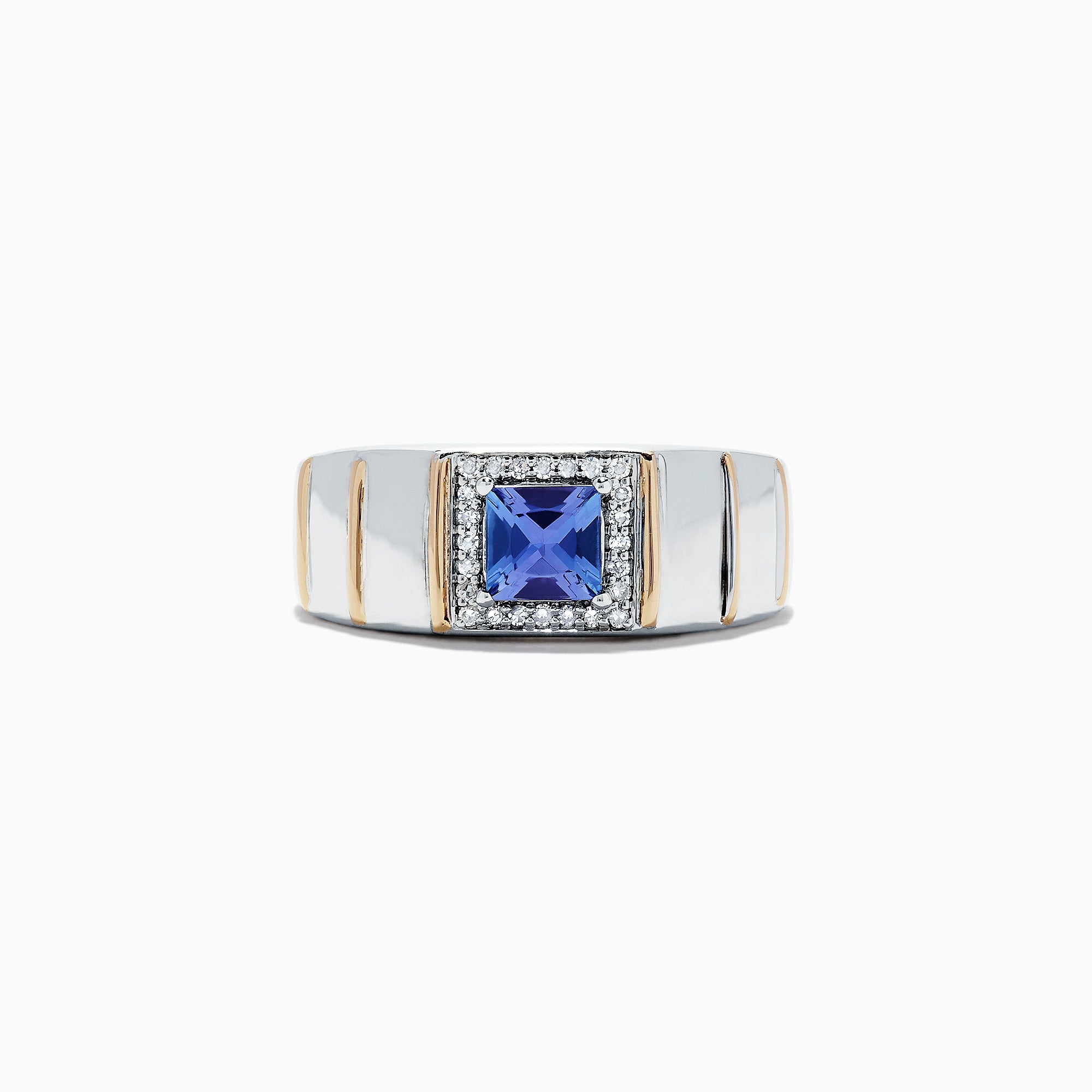 Mens sterling silver and 14K yellow gold ring featuring a square blue tanzanite center, framed by diamonds (1.18 TCW), with a wide ridged band.