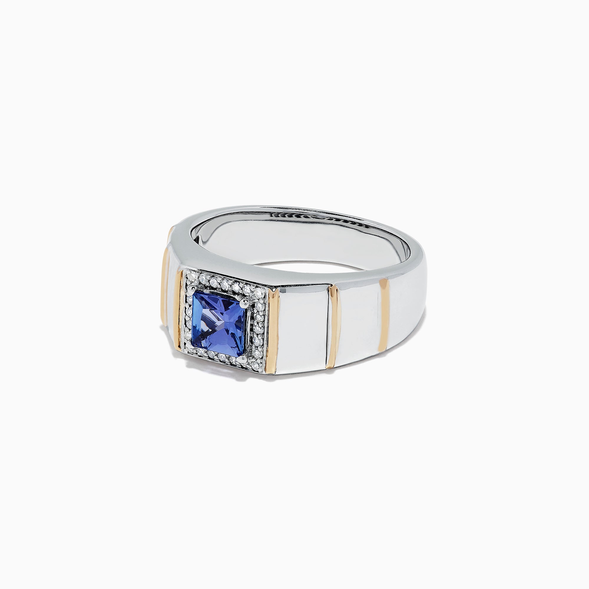 Mens sterling silver and 14K yellow gold ring featuring a square blue tanzanite center, framed by diamonds (1.18 TCW), with a wide ridged band.