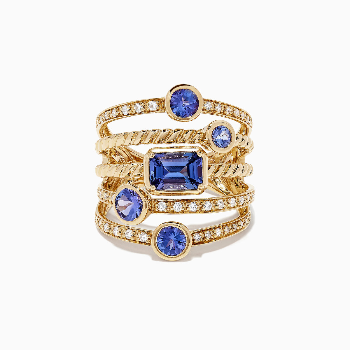 The Nahla Siri 14K Yellow Gold Tanzanite and Diamond Ring, 2.26 TCW, features five uniquely shaped blue tanzanites and shimmering round diamonds set along the multi-band design for extra sparkle.