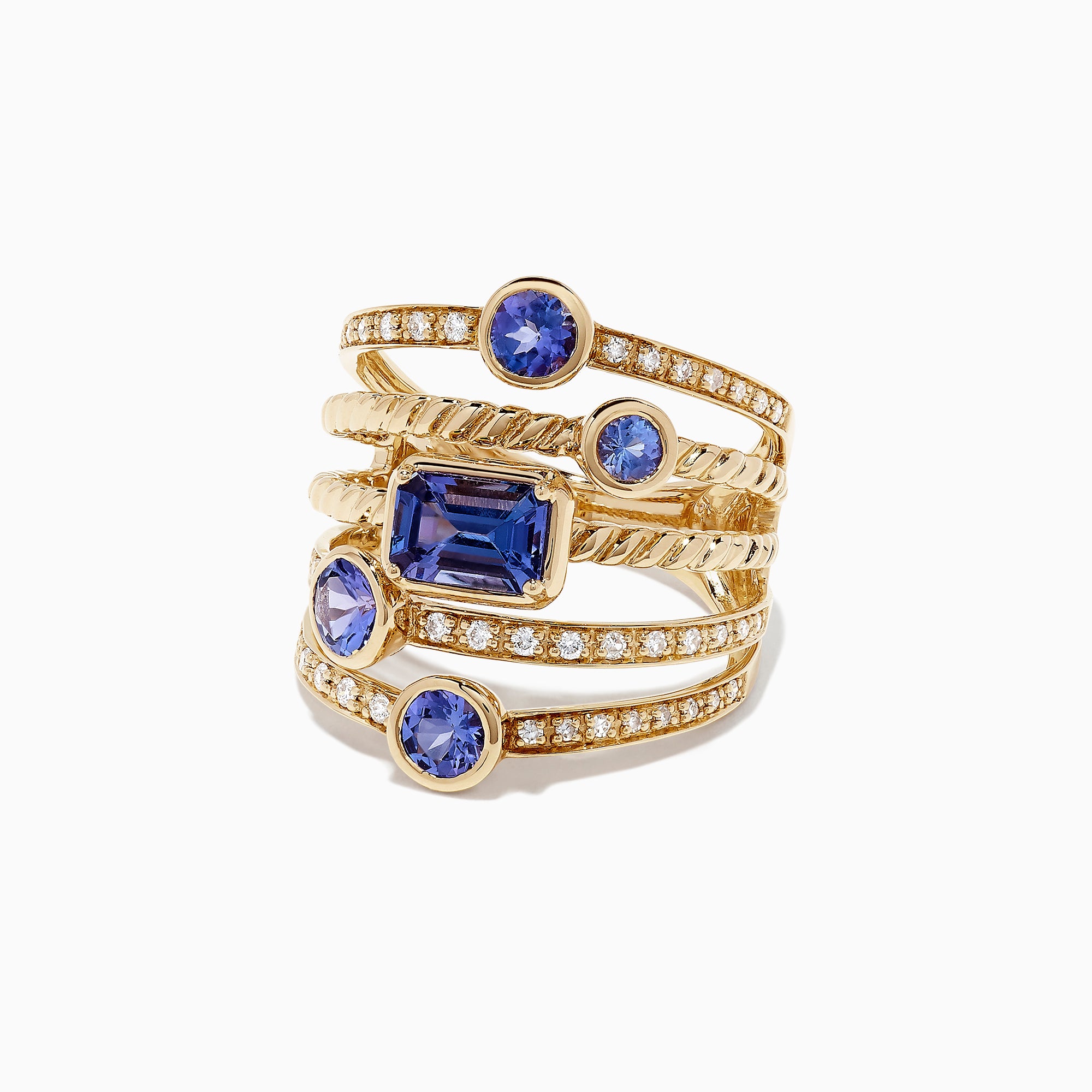The Nahla Siri 14K Yellow Gold Tanzanite and Diamond Ring, 2.26 TCW, features five uniquely shaped blue tanzanites and shimmering round diamonds set along the multi-band design for extra sparkle.