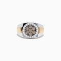 Mens 14K two-tone gold ring with a 0.97 TCW cluster of espresso and white diamonds, surrounded by a halo and set on a ribbed band.