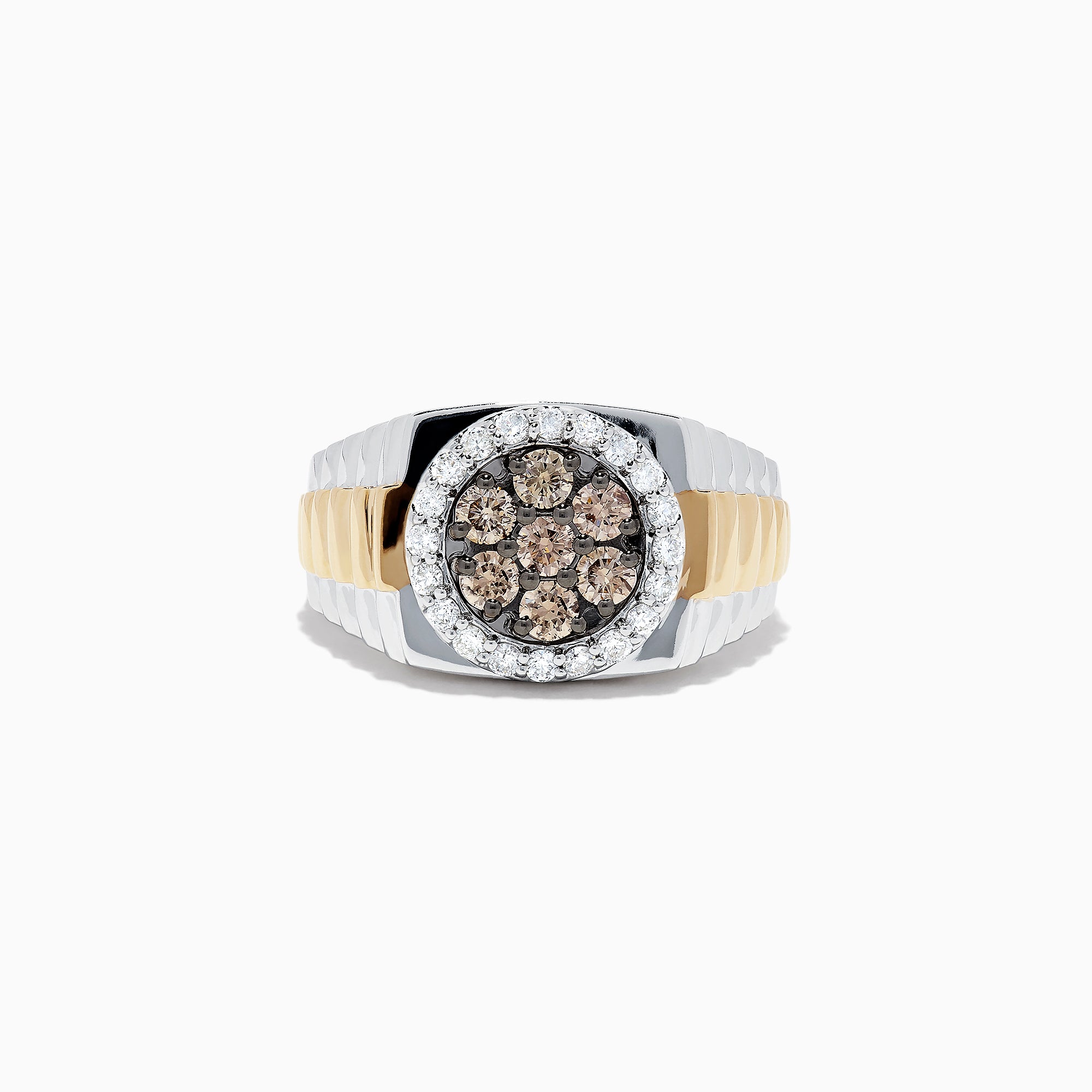 Mens 14K two-tone gold ring with a 0.97 TCW cluster of espresso and white diamonds, surrounded by a halo and set on a ribbed band.