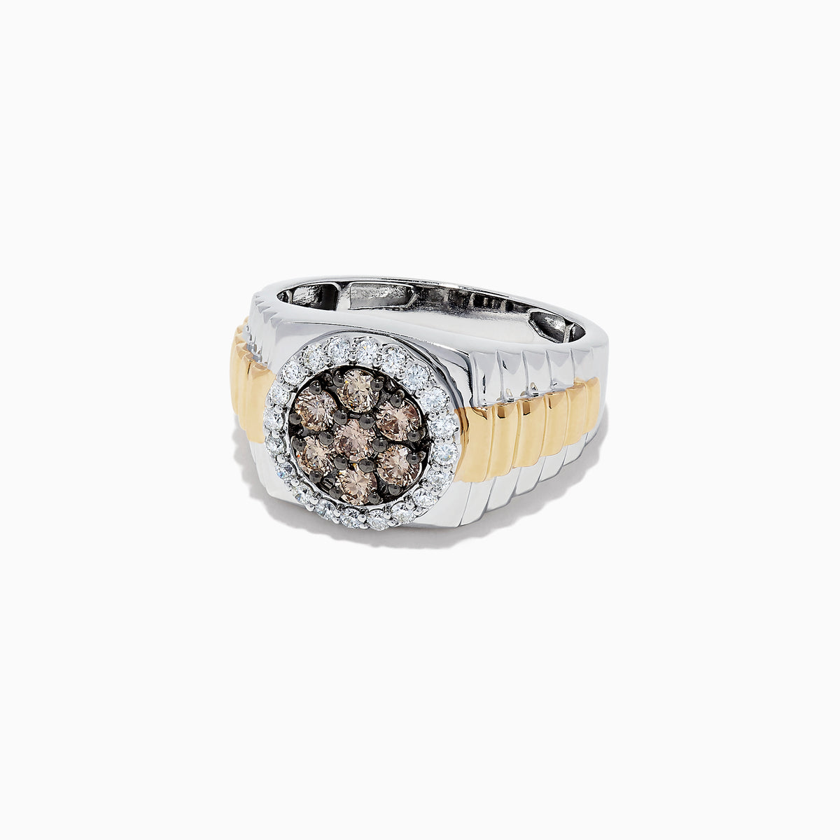 Mens 14K two-tone gold ring with a 0.97 TCW cluster of espresso and white diamonds, surrounded by a halo and set on a ribbed band.
