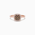 The 14K Rose Gold Brown and White Diamond Ring, 0.45 TCW, features a square cluster of brown diamonds bordered by white diamonds, set in rose gold and shown on a white background.