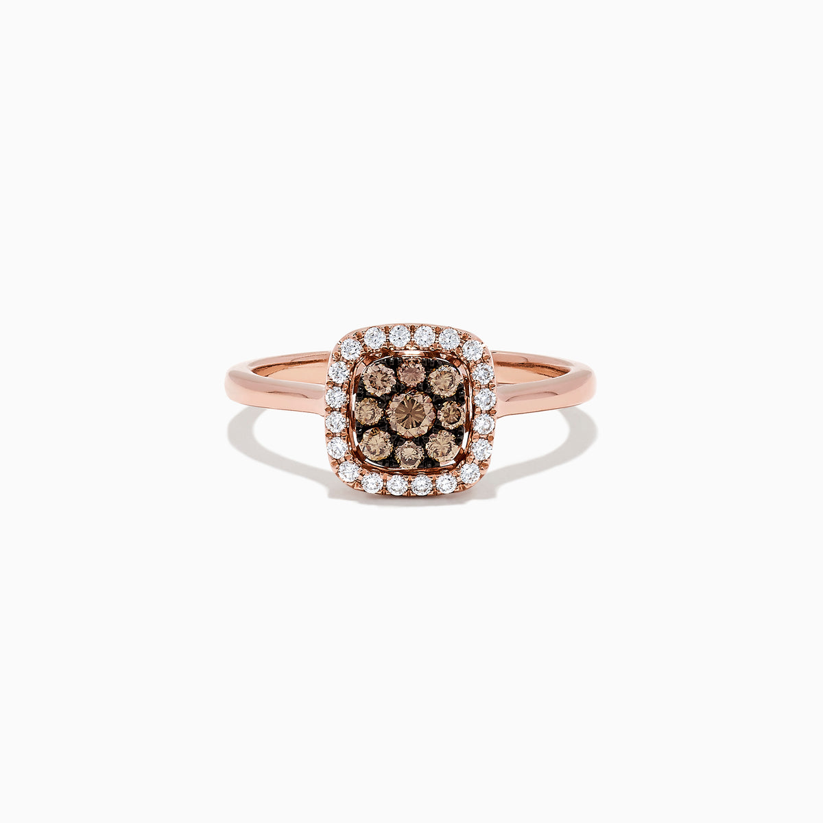 The 14K Rose Gold Brown and White Diamond Ring, 0.45 TCW, features a square cluster of brown diamonds bordered by white diamonds, set in rose gold and shown on a white background.