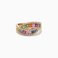 The Watercolors 14K Yellow Gold Multi Sapphire and Diamond Ring, 1.95 TCW, features two intertwined bands with square-cut sapphires and round white diamonds, set in yellow gold and shown on a white background.