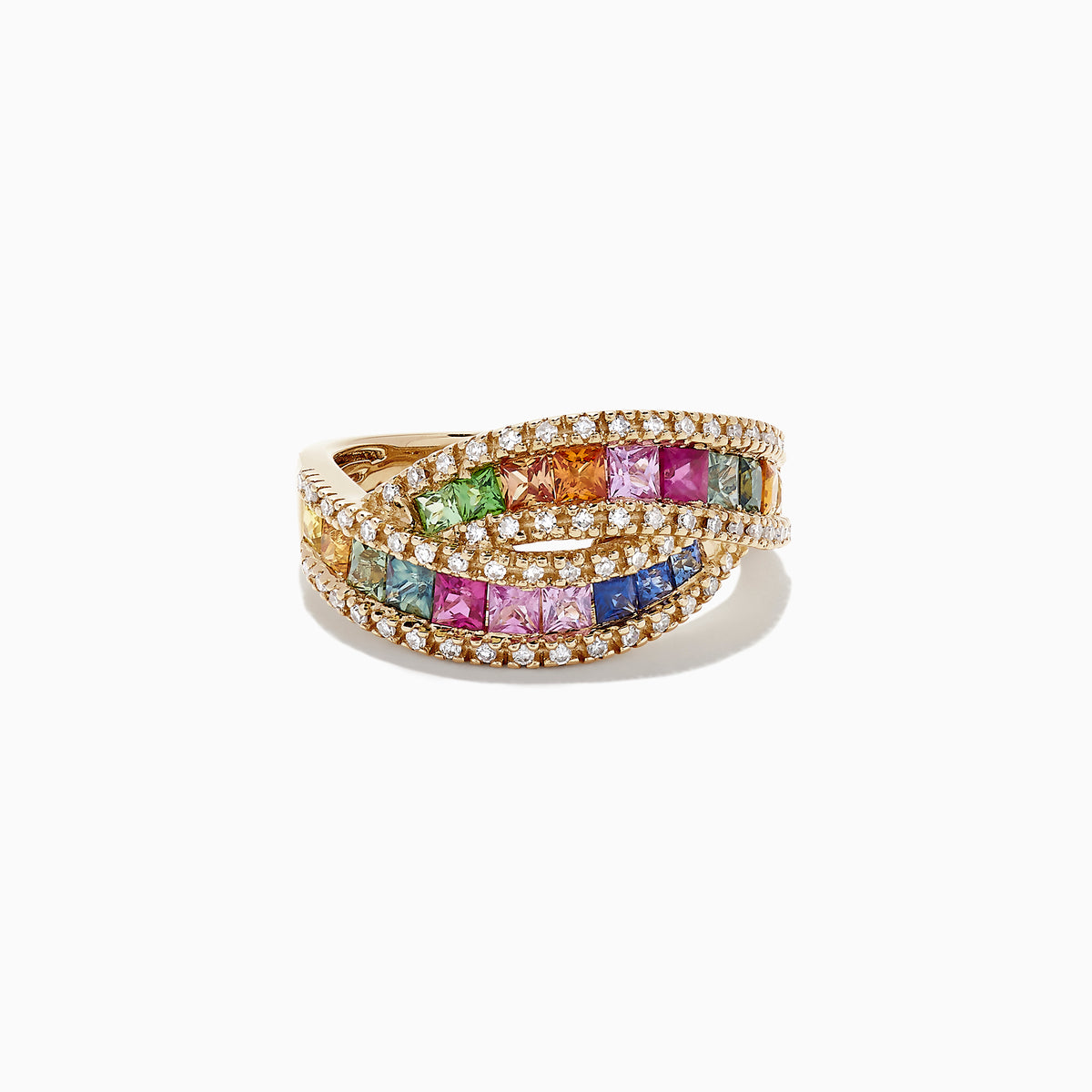 The Watercolors 14K Yellow Gold Multi Sapphire and Diamond Ring, 1.95 TCW, features two intertwined bands with square-cut sapphires and round white diamonds, set in yellow gold and shown on a white background.