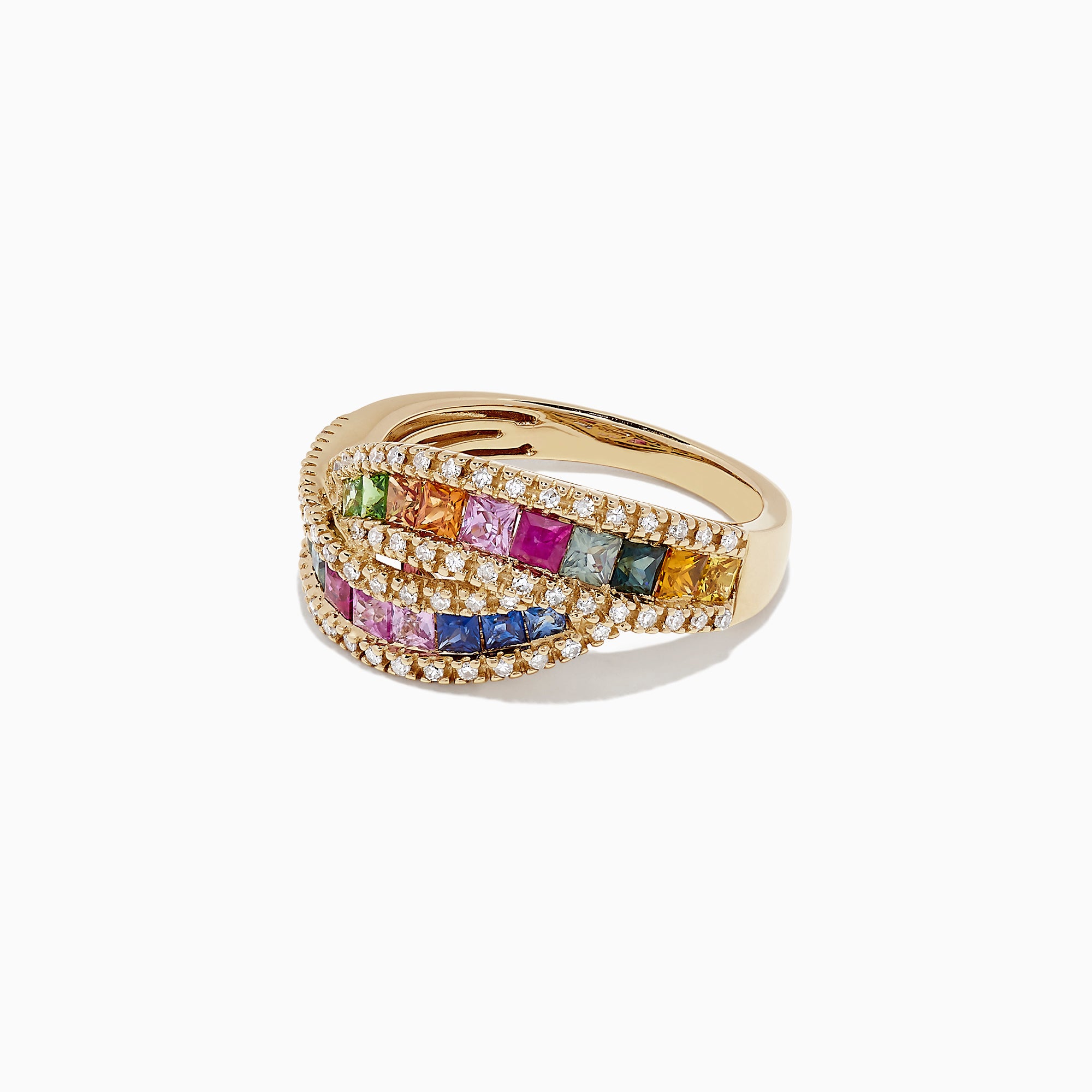 The Watercolors 14K Yellow Gold Multi Sapphire and Diamond Ring, 1.95 TCW, features two intertwined bands with square-cut sapphires and round white diamonds, set in yellow gold and shown on a white background.